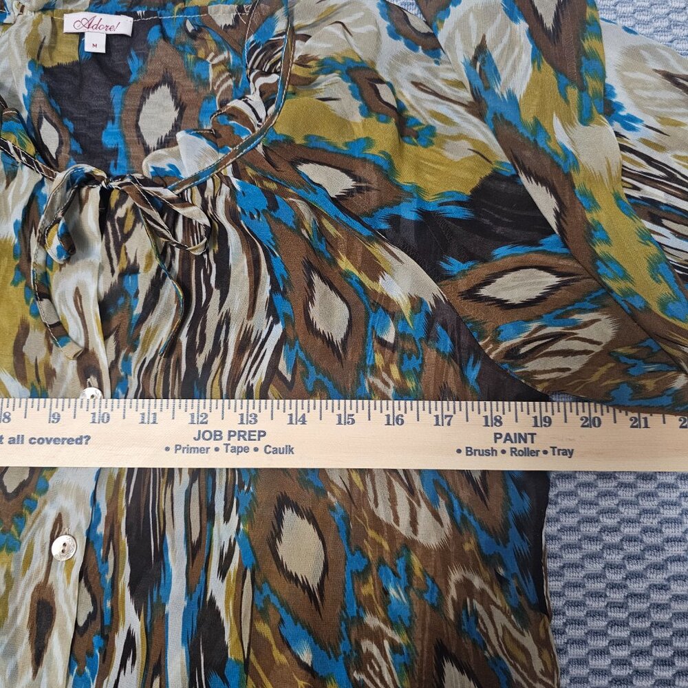 Adore Ruffle Neck Chiffon Blouse Blue Yellow Ikat Abstract Sheer Top Size Medium - Picture 5 of 6